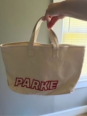 Parke Cream Canvas Tote with Red Lettering
